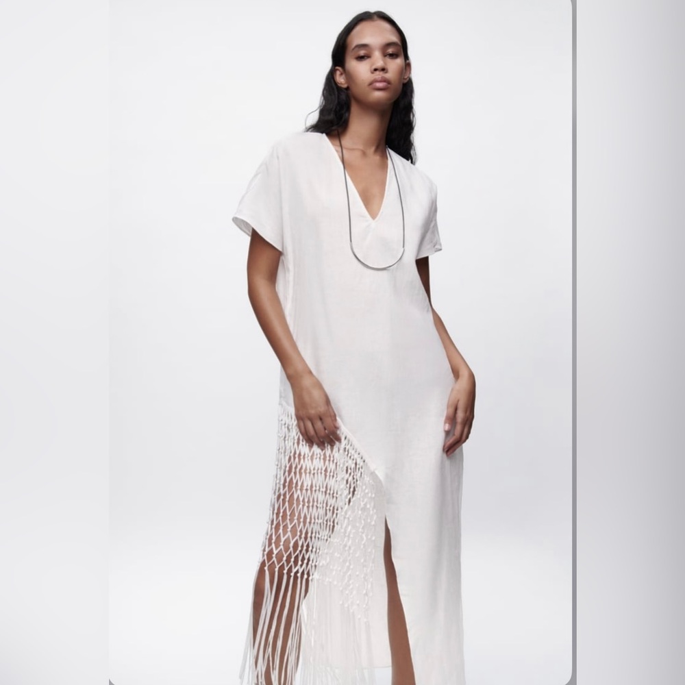 Zara Fringed White Linen Dress - Picture 2 of 9